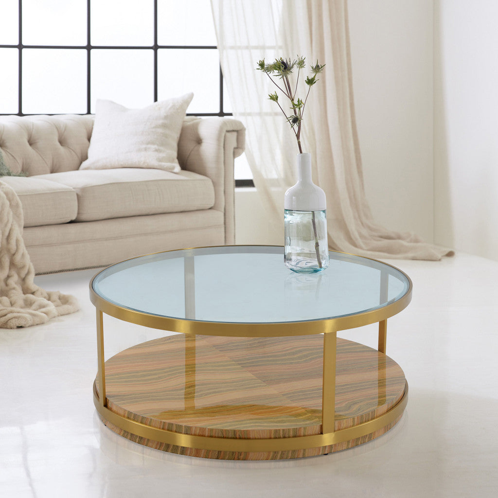 43" Glass And Gold Glass Round Coffee Table With Shelf By Homeroots | Coffee Tables | Modishstore - 7