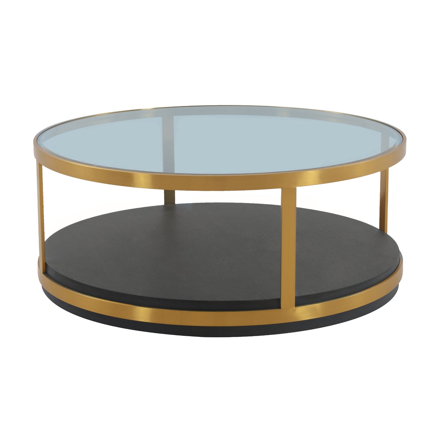 43" Glass And Brown Solid Wood Round Coffee Table With Shelf By Homeroots | Coffee Tables | Modishstore