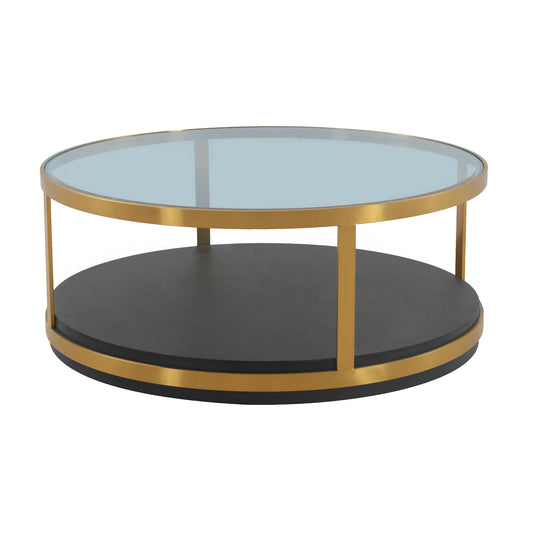 43" Glass And Brown Solid Wood Round Coffee Table With Shelf By Homeroots | Coffee Tables | Modishstore