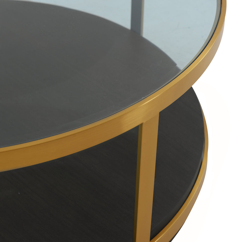 43" Glass And Brown Solid Wood Round Coffee Table With Shelf By Homeroots | Coffee Tables | Modishstore - 4