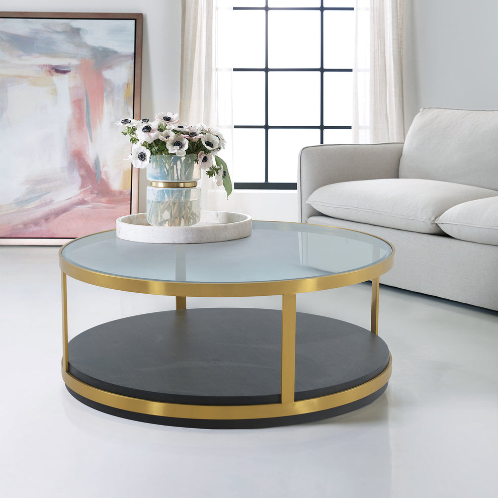 43" Glass And Brown Solid Wood Round Coffee Table With Shelf By Homeroots | Coffee Tables | Modishstore - 6