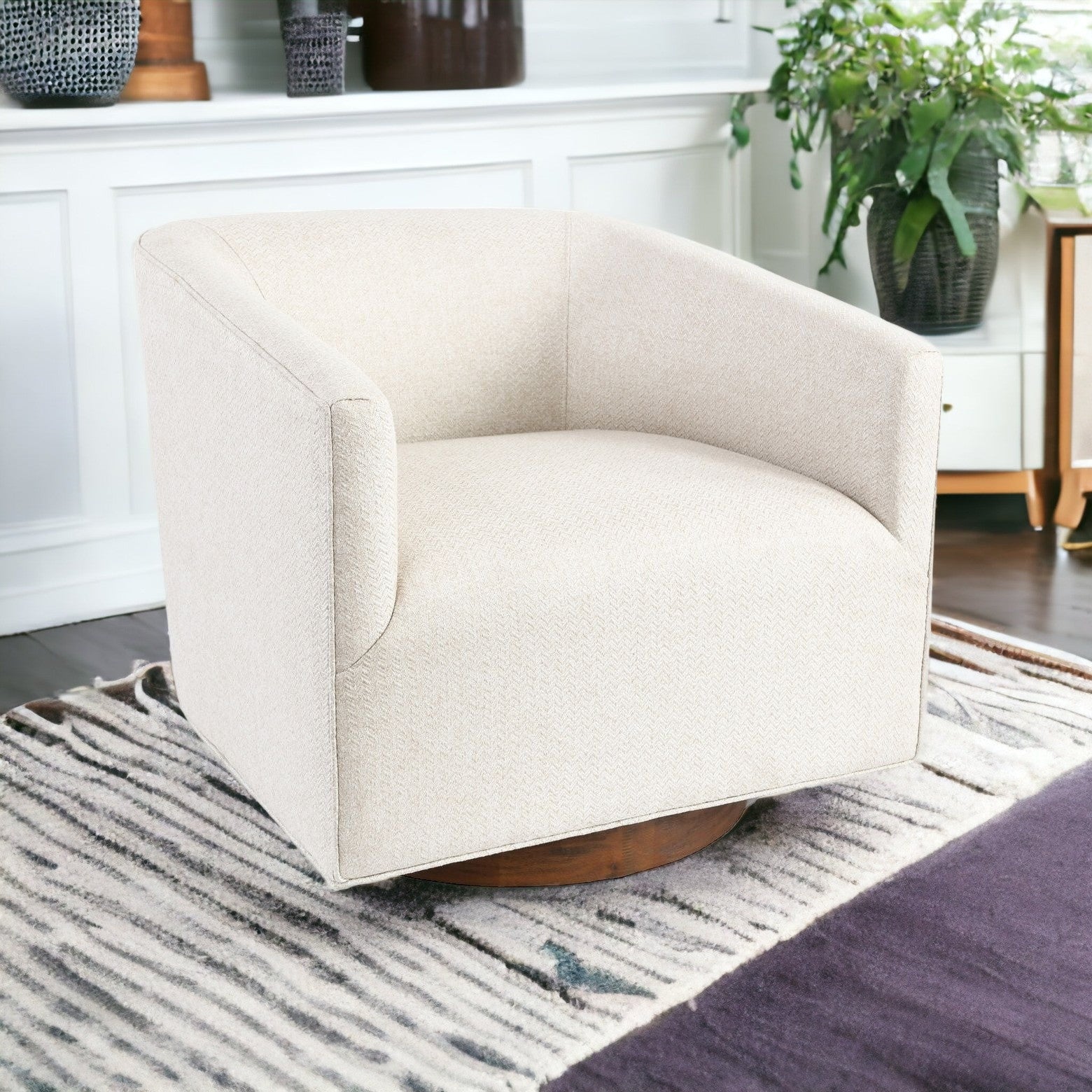30" Beige and Wood Brown Polyester Chevron Swivel Barrel Chair By Homeroots | Armchairs | Modishstore - 4