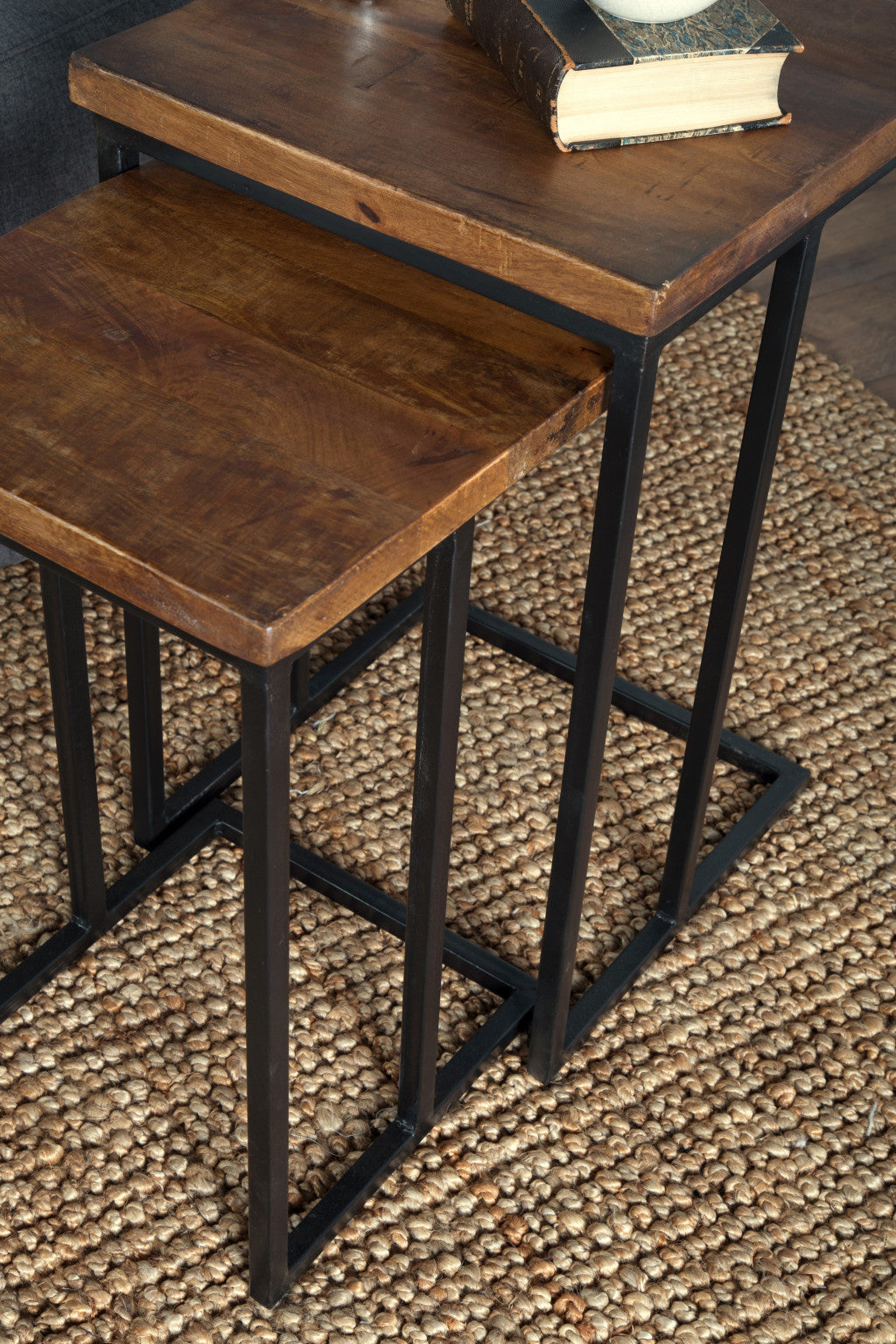 Set of Two 26" Black and Mahogany Solid Wood Nested Tables By Homeroots | End Tables | Modishstore - 4