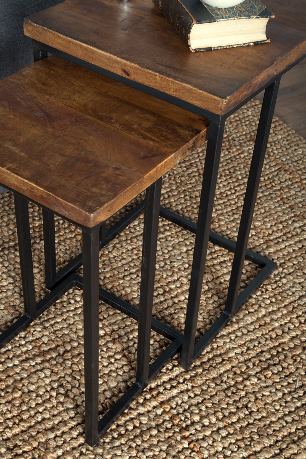 Set of Two 26" Black and Mahogany Solid Wood Nested Tables By Homeroots | End Tables | Modishstore - 4