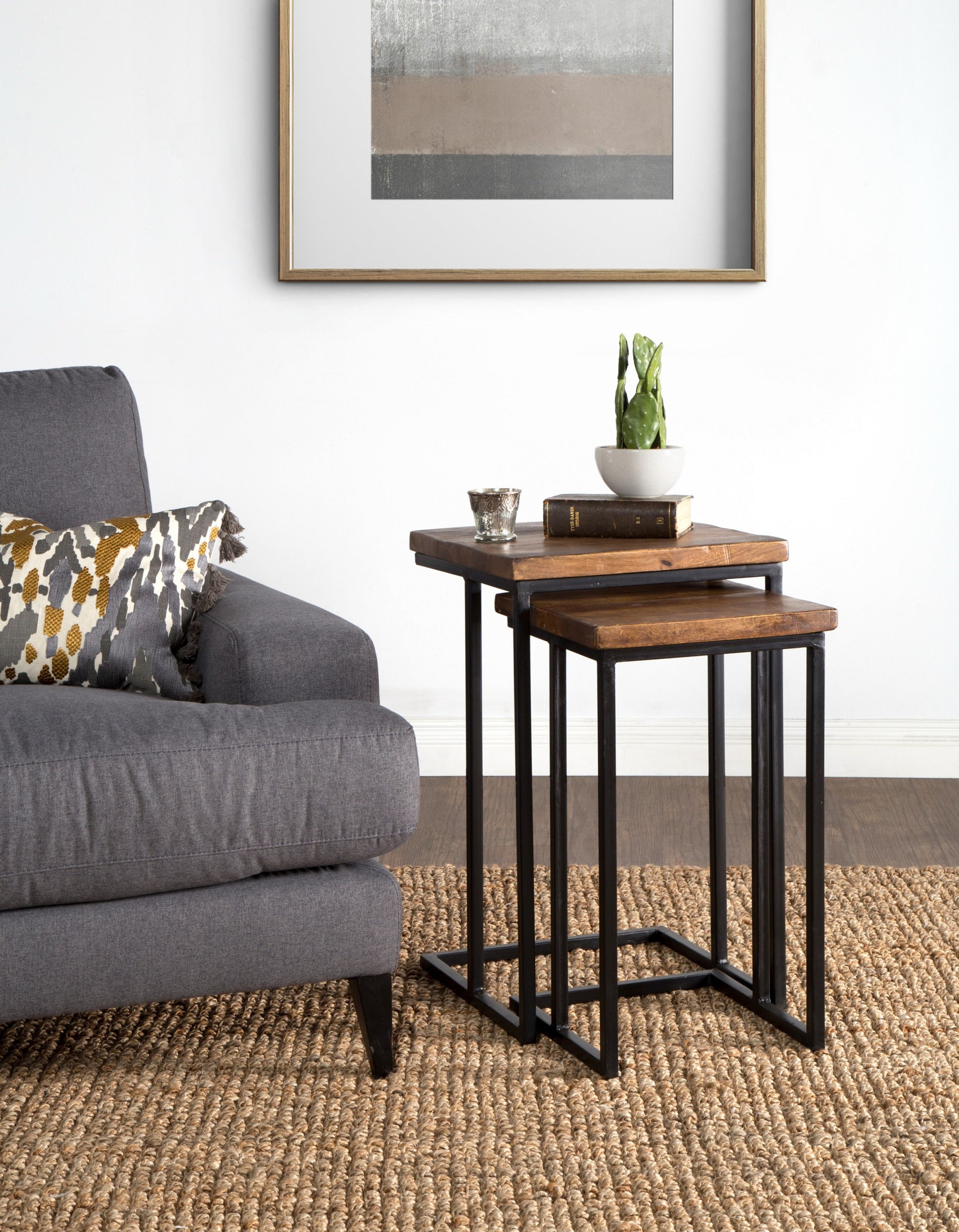 Set of Two 26" Black and Mahogany Solid Wood Nested Tables By Homeroots | End Tables | Modishstore - 5