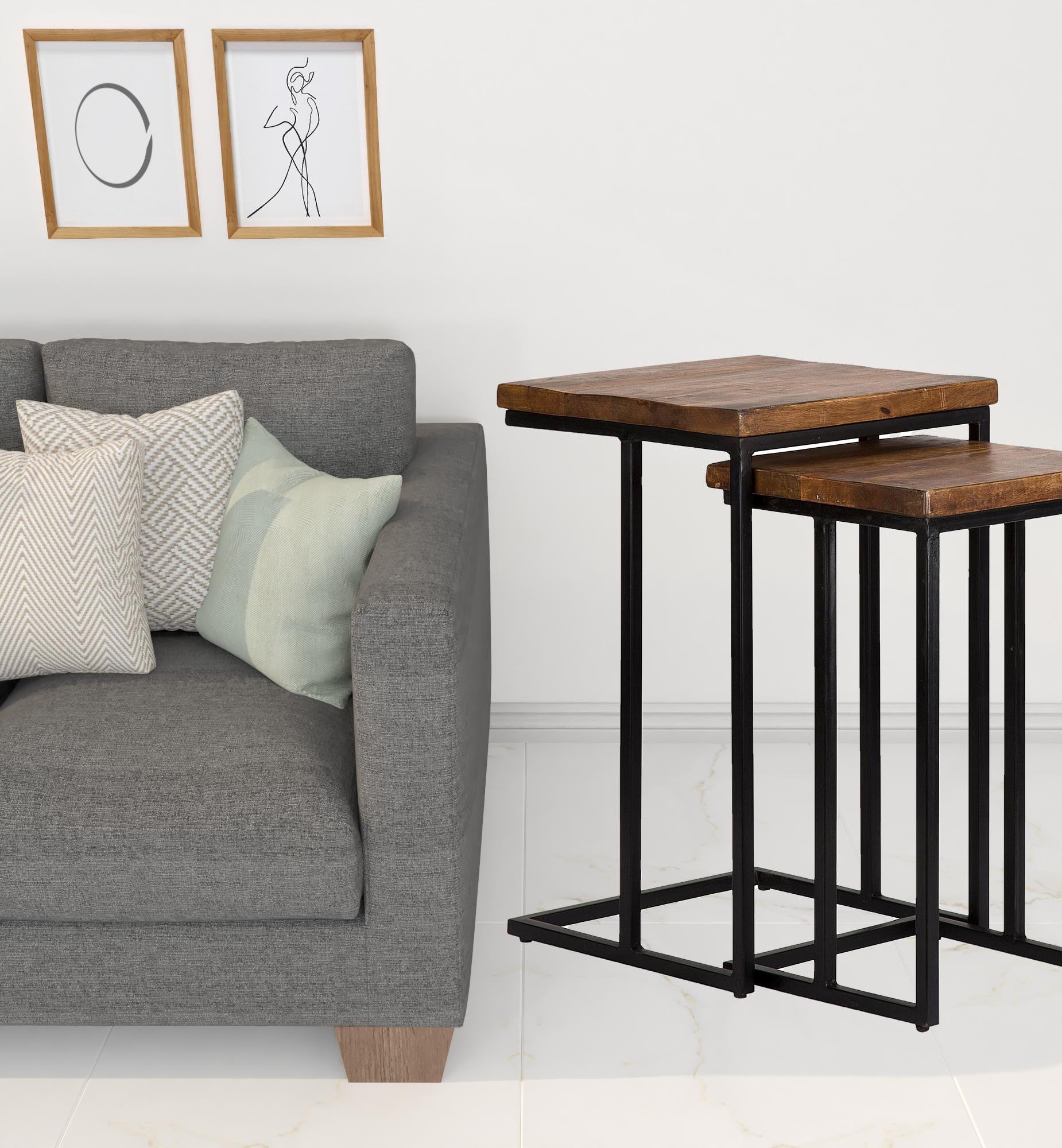 Set of Two 26" Black and Mahogany Solid Wood Nested Tables By Homeroots | End Tables | Modishstore - 2