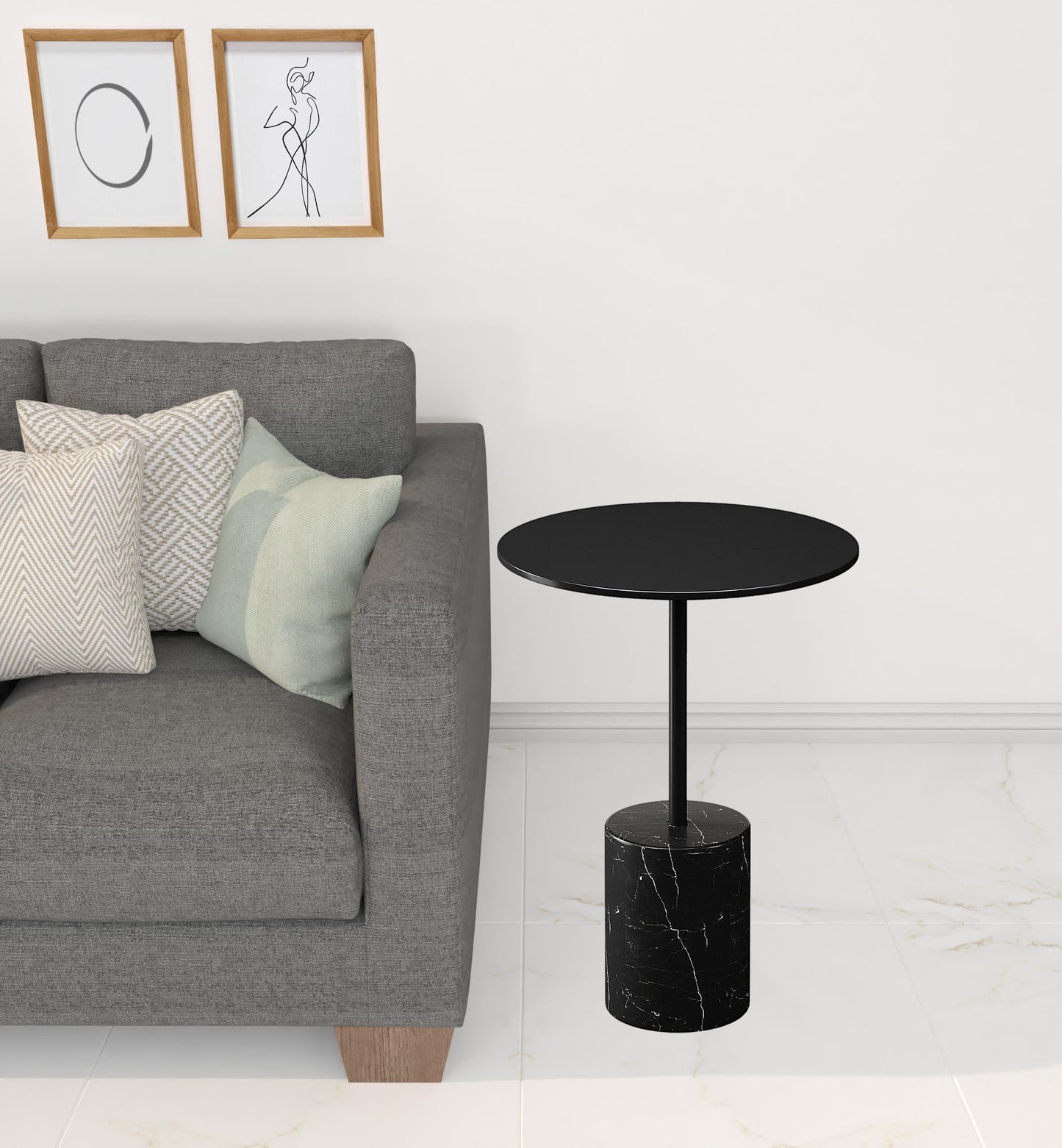 20" Black Steel and Marble Round Pedestal End Table By Homeroots | End Tables | Modishstore - 5