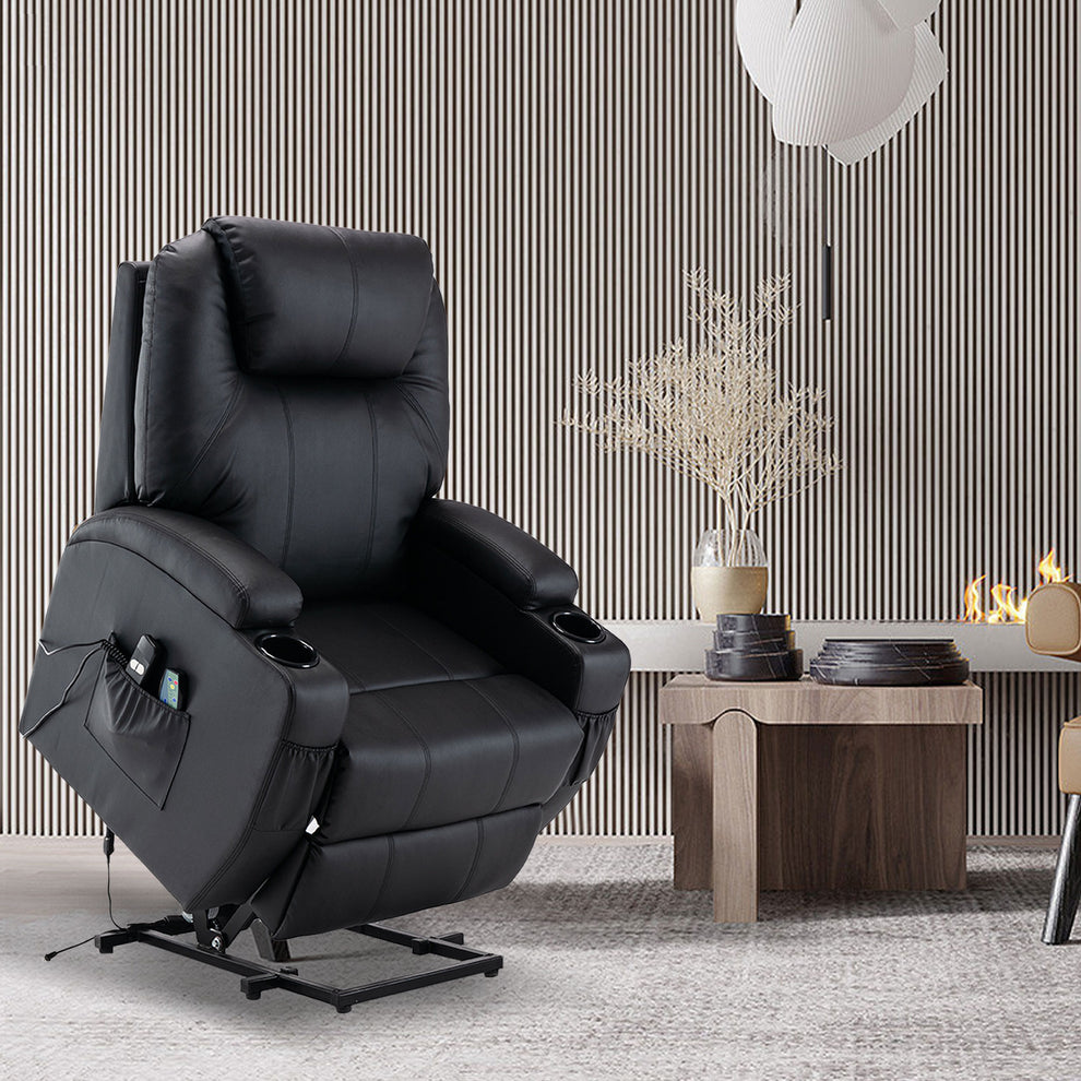 33" Black Faux Leather Power Heated Massge Lift Assist Recliner By Homeroots | Recliners | Modishstore - 4
