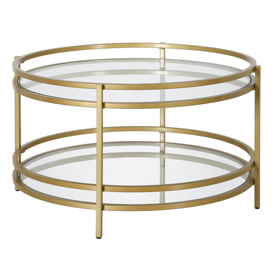 32" Gold and Glass Round Coffee Table With Shelf By Homeroots