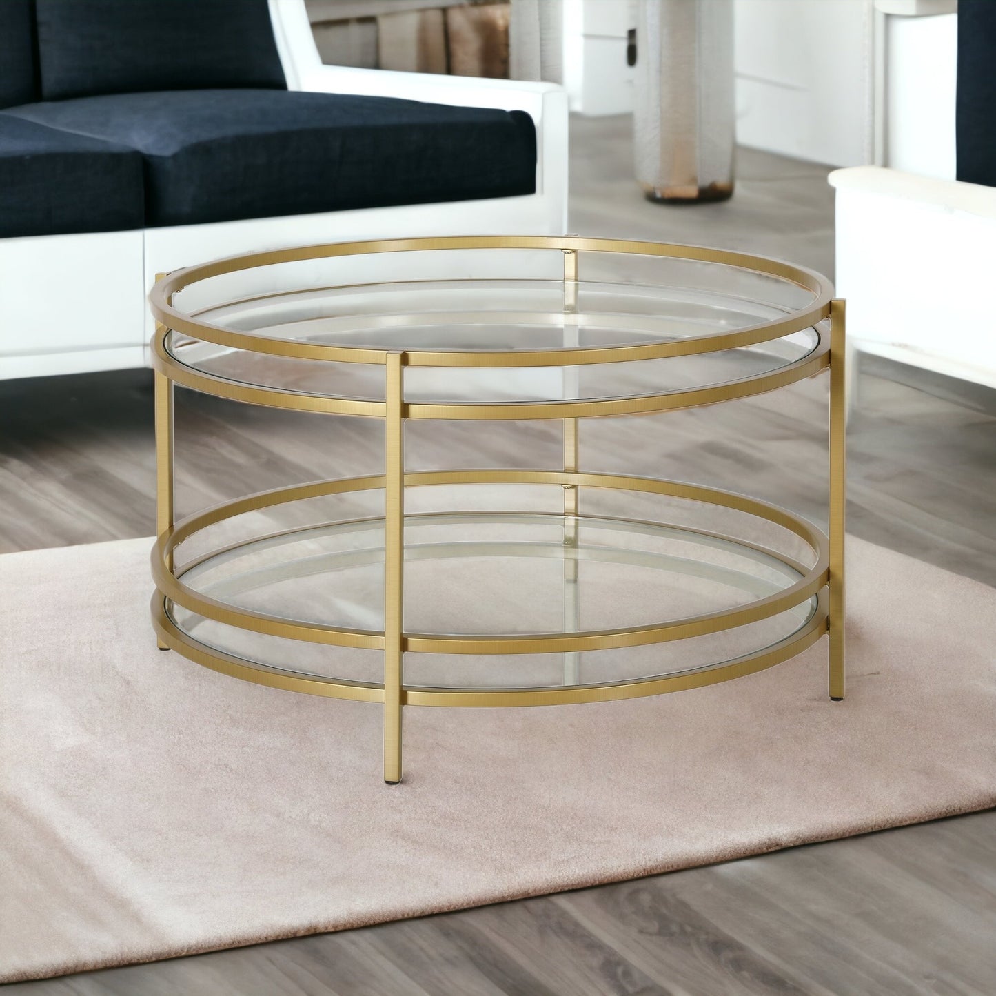 32" Gold and Glass Round Coffee Table With Shelf By Homeroots | Coffee Tables | Modishstore - 4