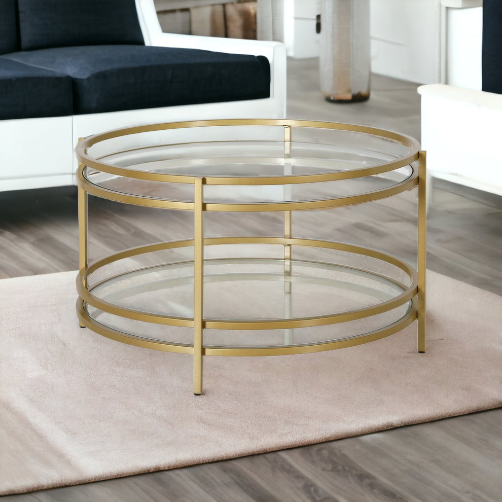 32" Gold and Glass Round Coffee Table With Shelf By Homeroots | Coffee Tables | Modishstore - 4