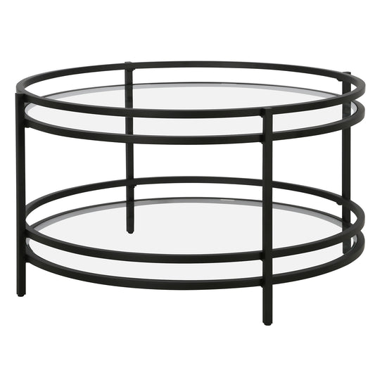32" Black and Glass Round Coffee Table With Shelf By Homeroots