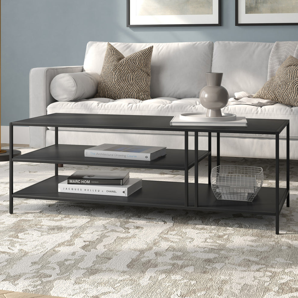 48" Black Steel Rectangular Coffee Table With Two Shelves By Homeroots | Coffee Tables | Modishstore - 5