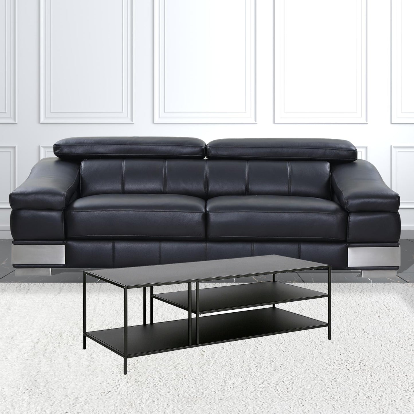 48" Black Steel Rectangular Coffee Table With Two Shelves By Homeroots | Coffee Tables | Modishstore - 4