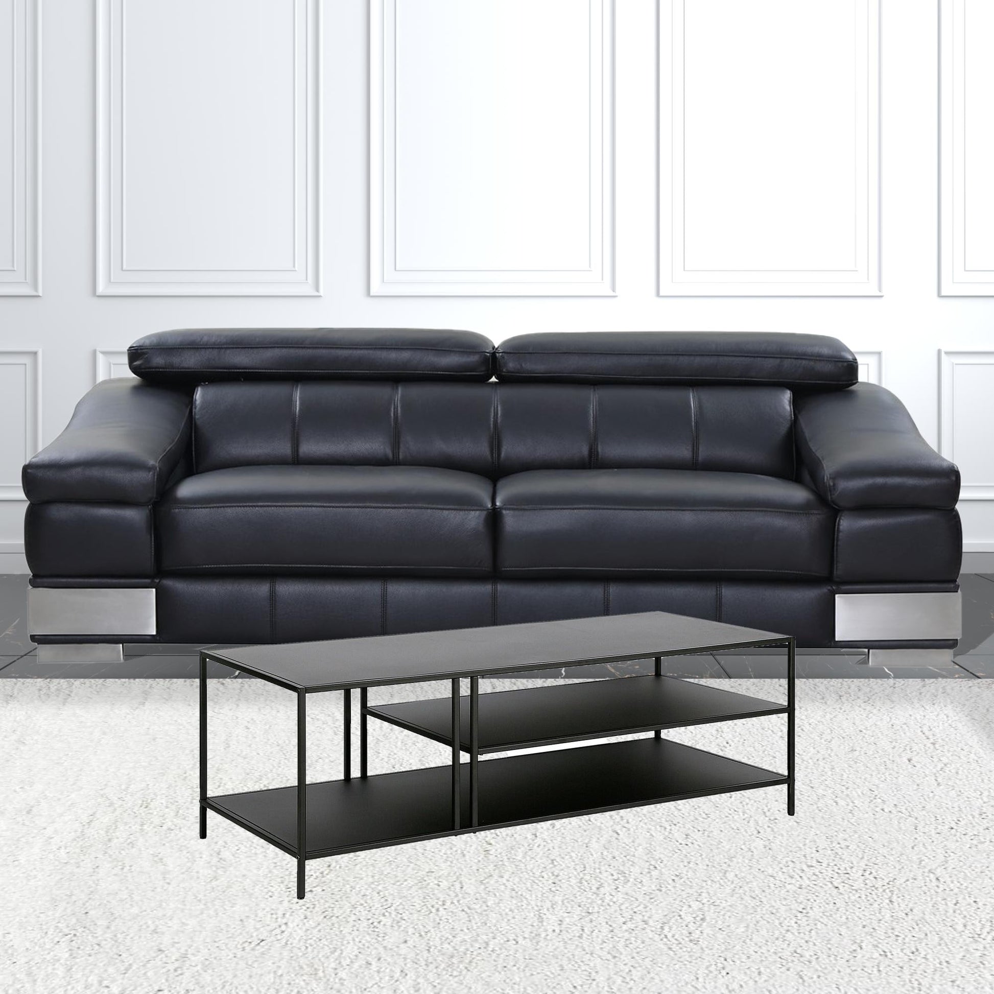 48" Black Steel Rectangular Coffee Table With Two Shelves By Homeroots | Coffee Tables | Modishstore - 4