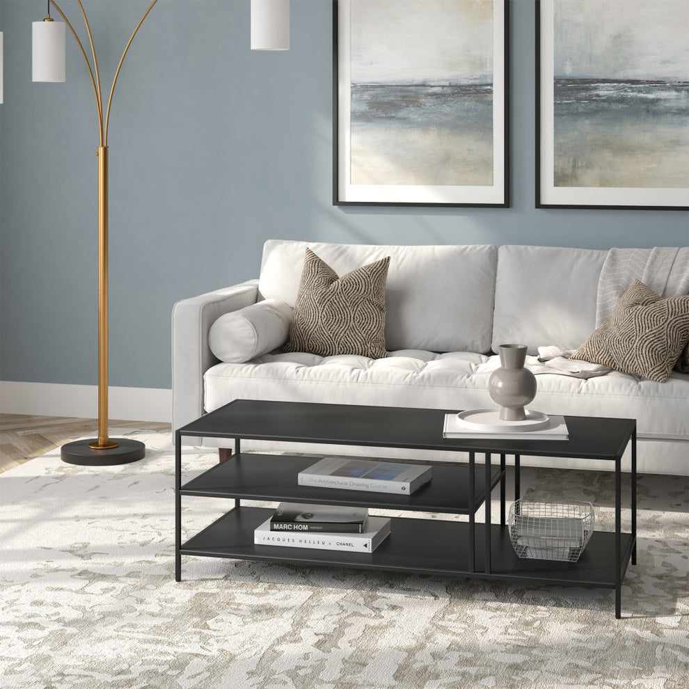 48" Black Steel Rectangular Coffee Table With Two Shelves By Homeroots | Coffee Tables | Modishstore - 6