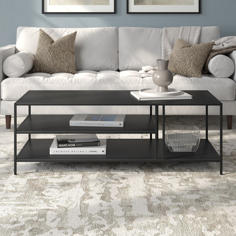 48" Black Steel Rectangular Coffee Table With Two Shelves By Homeroots | Coffee Tables | Modishstore - 7