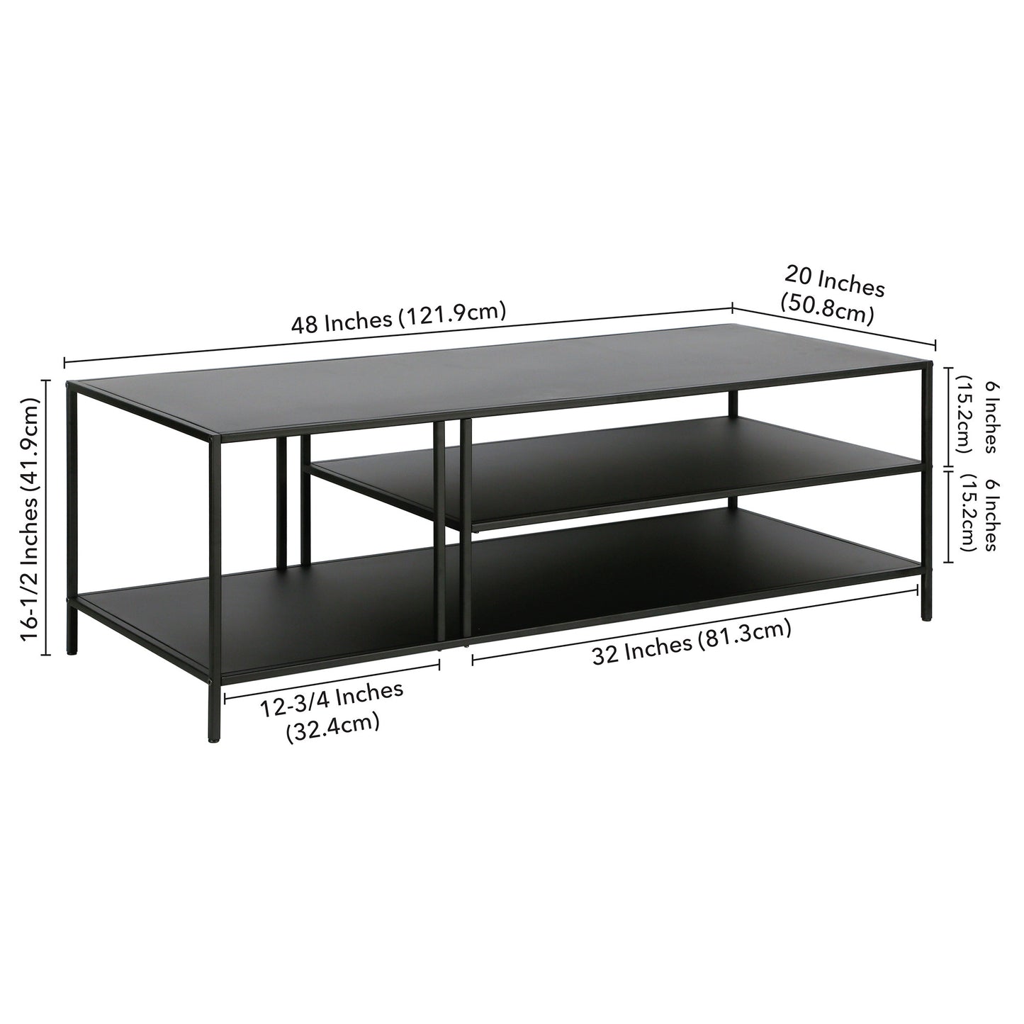 48" Black Steel Rectangular Coffee Table With Two Shelves By Homeroots | Coffee Tables | Modishstore - 8
