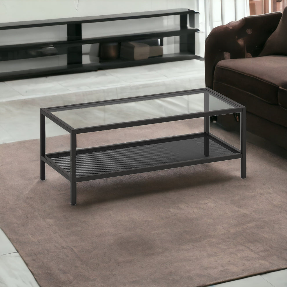 45" Black Glass Rectangular Coffee Table With Shelf By Homeroots | Coffee Tables | Modishstore - 4