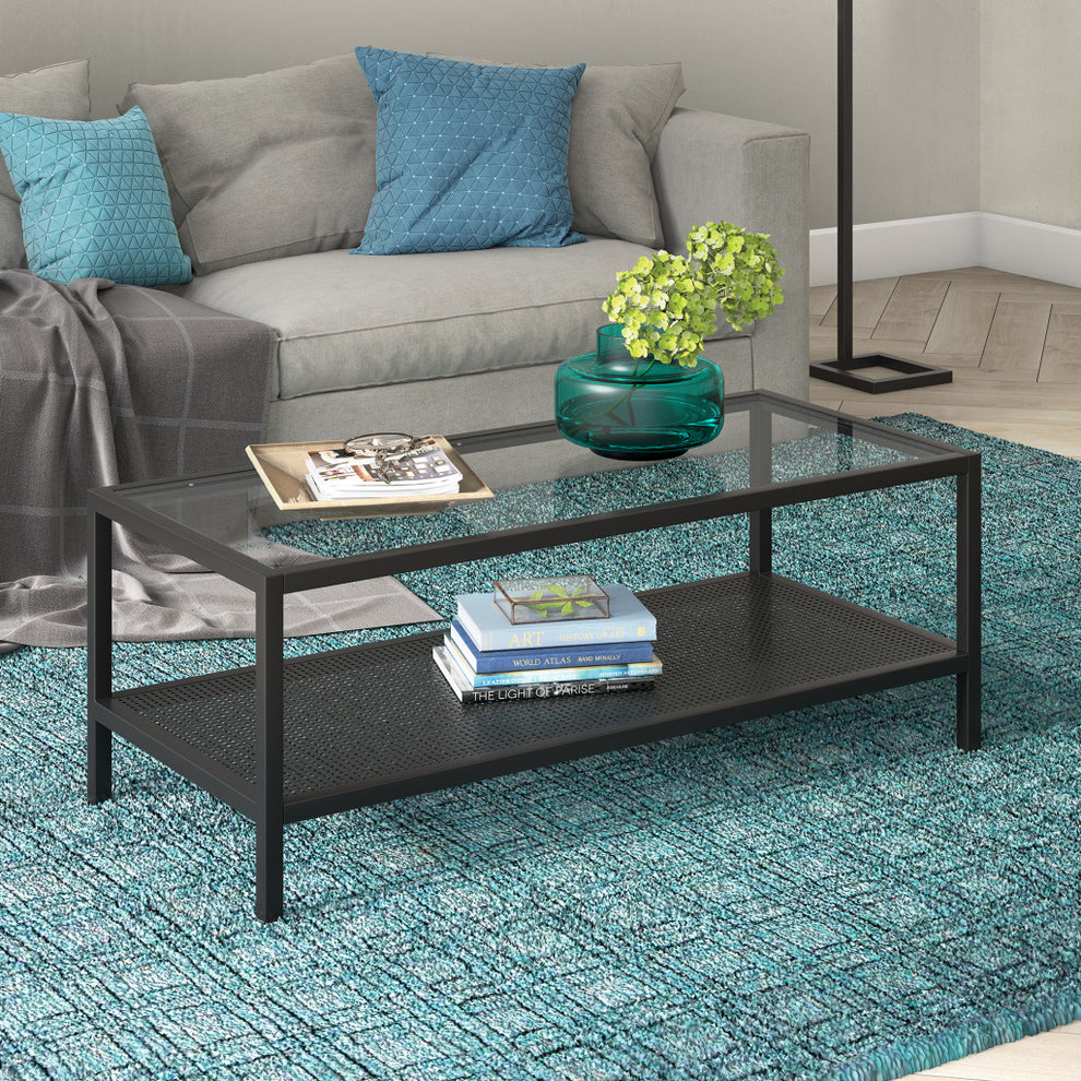 45" Black Glass Rectangular Coffee Table With Shelf By Homeroots | Coffee Tables | Modishstore - 5