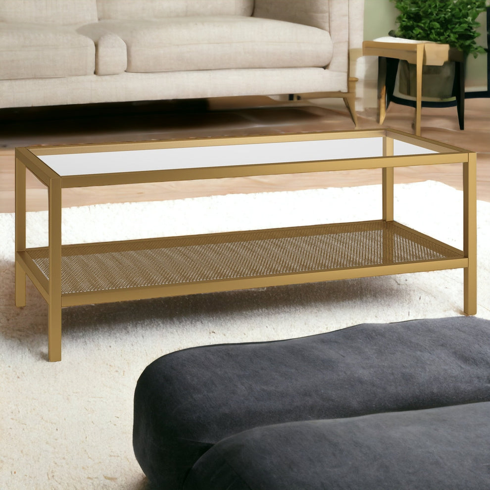 45" Gold Glass Rectangular Coffee Table With Shelf By Homeroots | Coffee Tables | Modishstore - 5