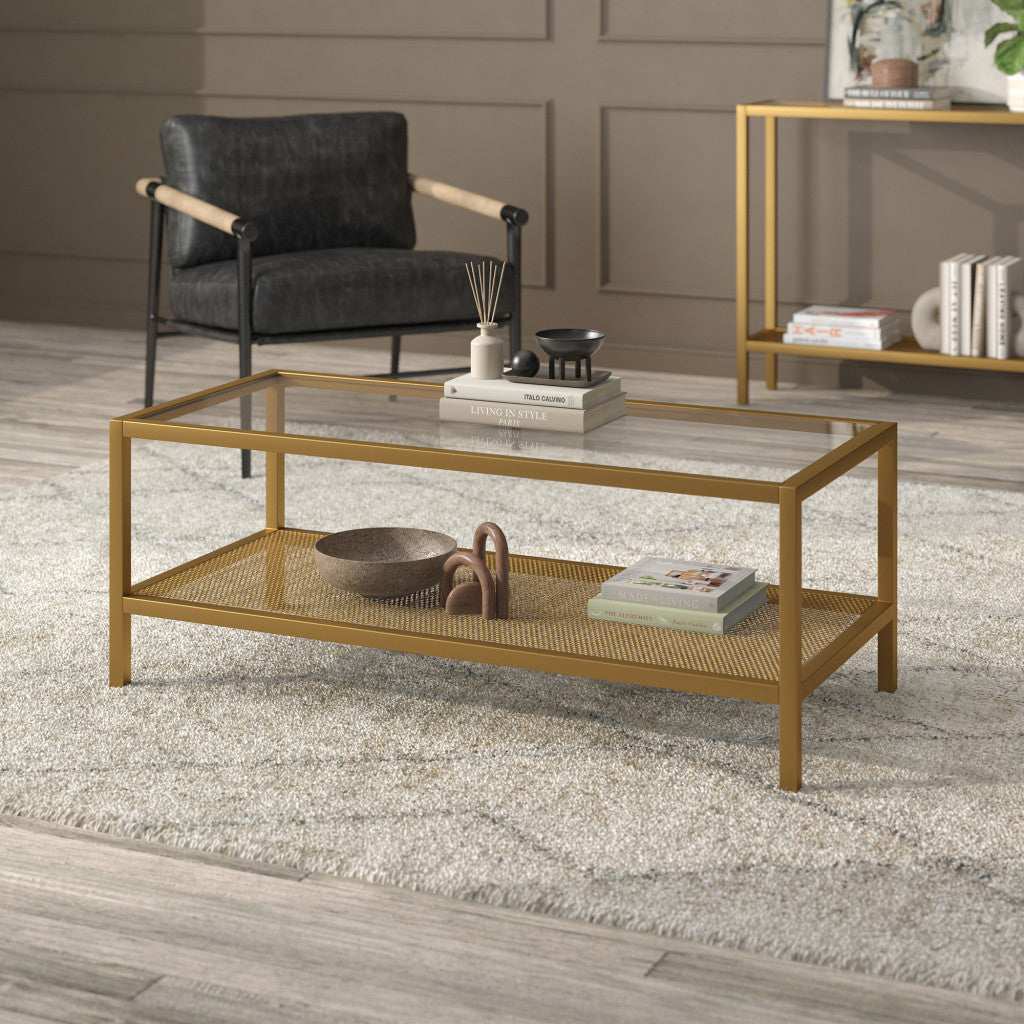45" Gold Glass Rectangular Coffee Table With Shelf By Homeroots | Coffee Tables | Modishstore - 6