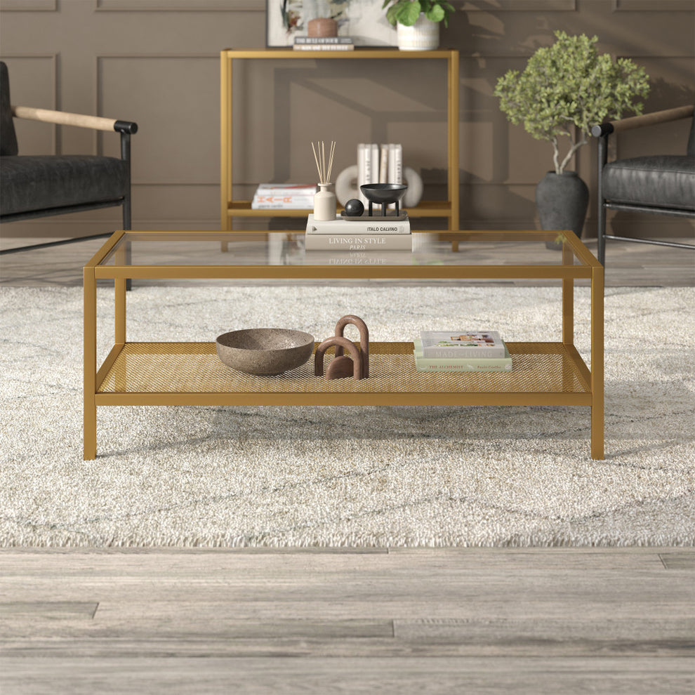 45" Gold Glass Rectangular Coffee Table With Shelf By Homeroots | Coffee Tables | Modishstore - 7