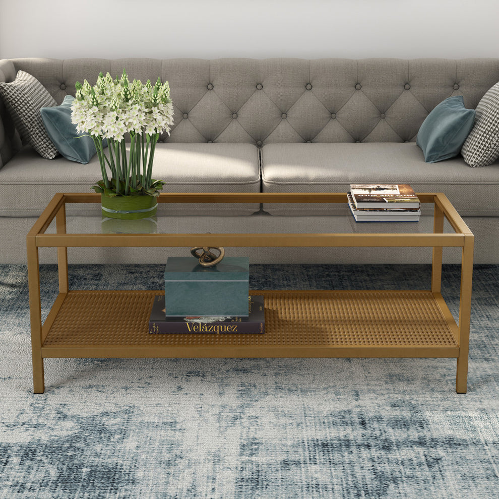 45" Gold Glass Rectangular Coffee Table With Shelf By Homeroots | Coffee Tables | Modishstore - 8