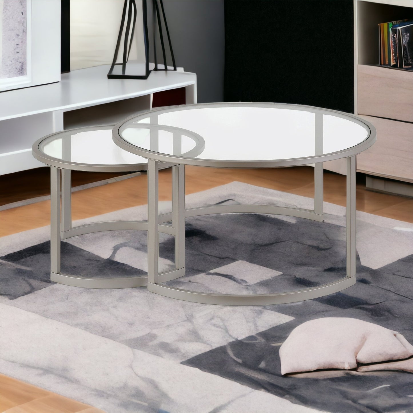 Set Of Two 36" Nickel and Glass Round Nested Coffee Tables By Homeroots | Coffee Tables | Modishstore - 4
