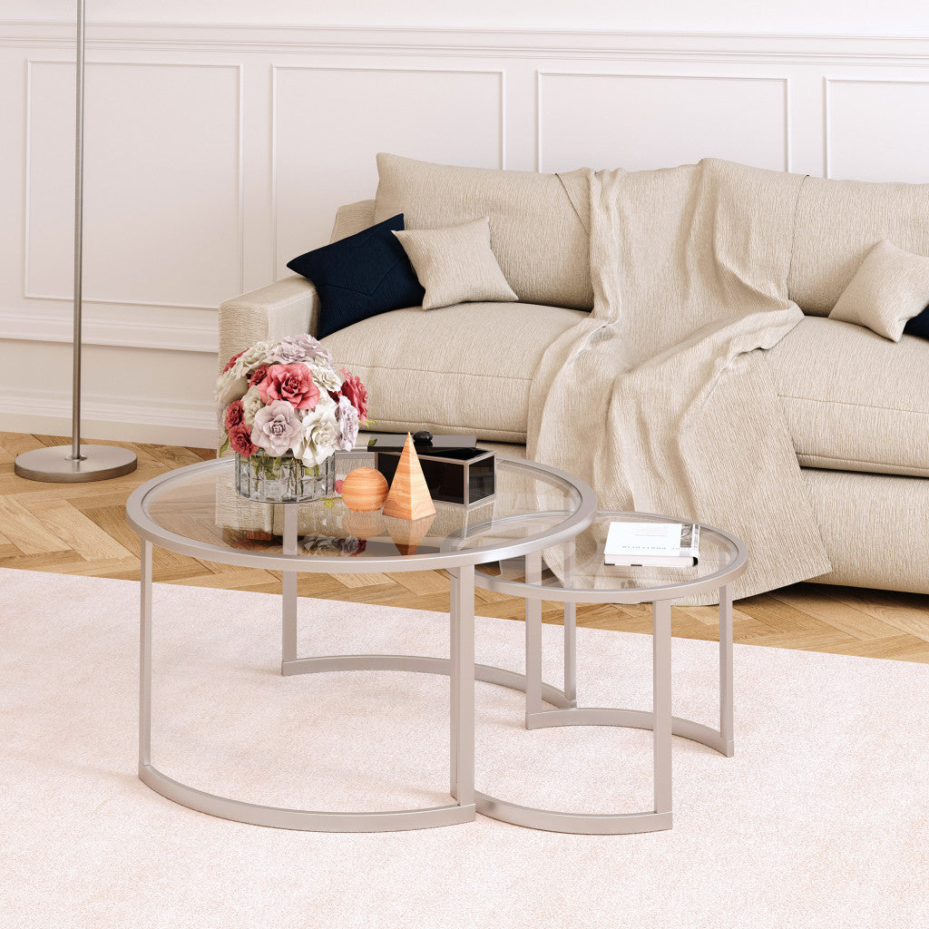 Set Of Two 36" Nickel and Glass Round Nested Coffee Tables By Homeroots | Coffee Tables | Modishstore - 7