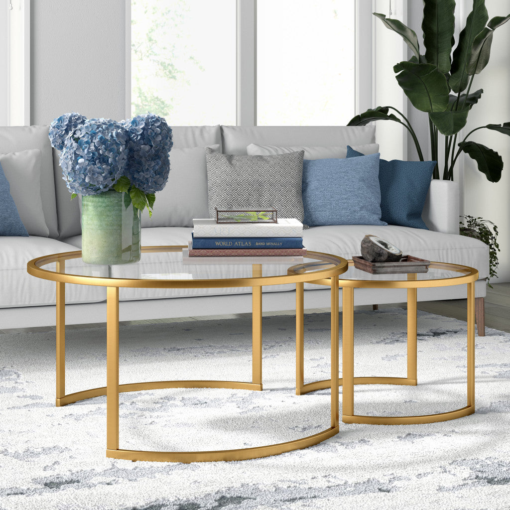 Set Of Two 36" Gold and Glass Round Nested Coffee Tables By Homeroots | Coffee Tables | Modishstore - 5