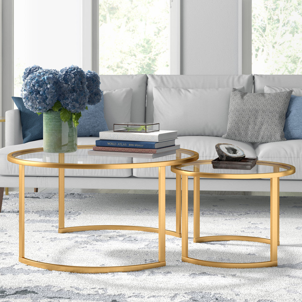 Set Of Two 36" Gold and Glass Round Nested Coffee Tables By Homeroots | Coffee Tables | Modishstore - 7