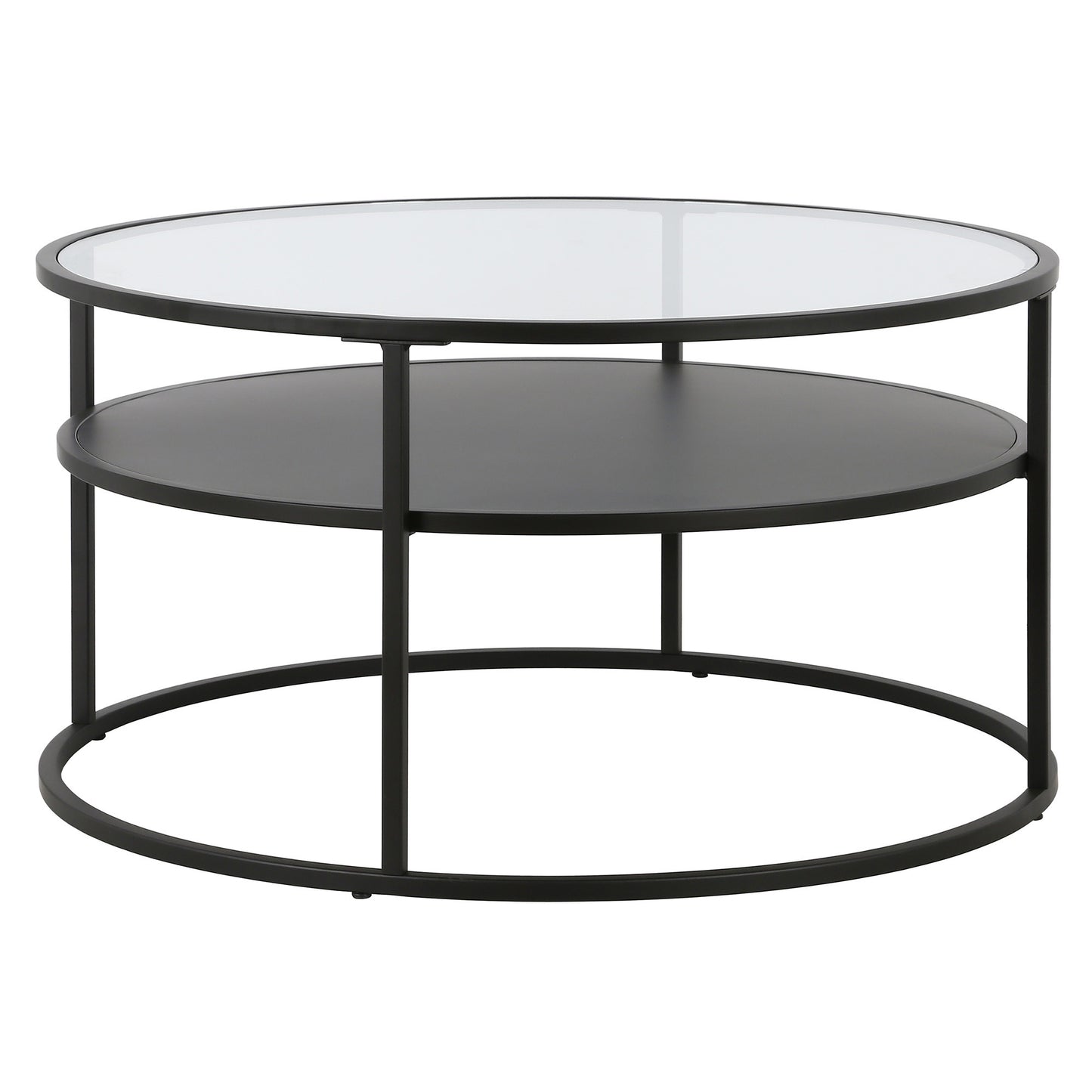 32" Black and Glass Round Two Layer Coffee Table With Shelf By Homeroots | Coffee Tables | Modishstore