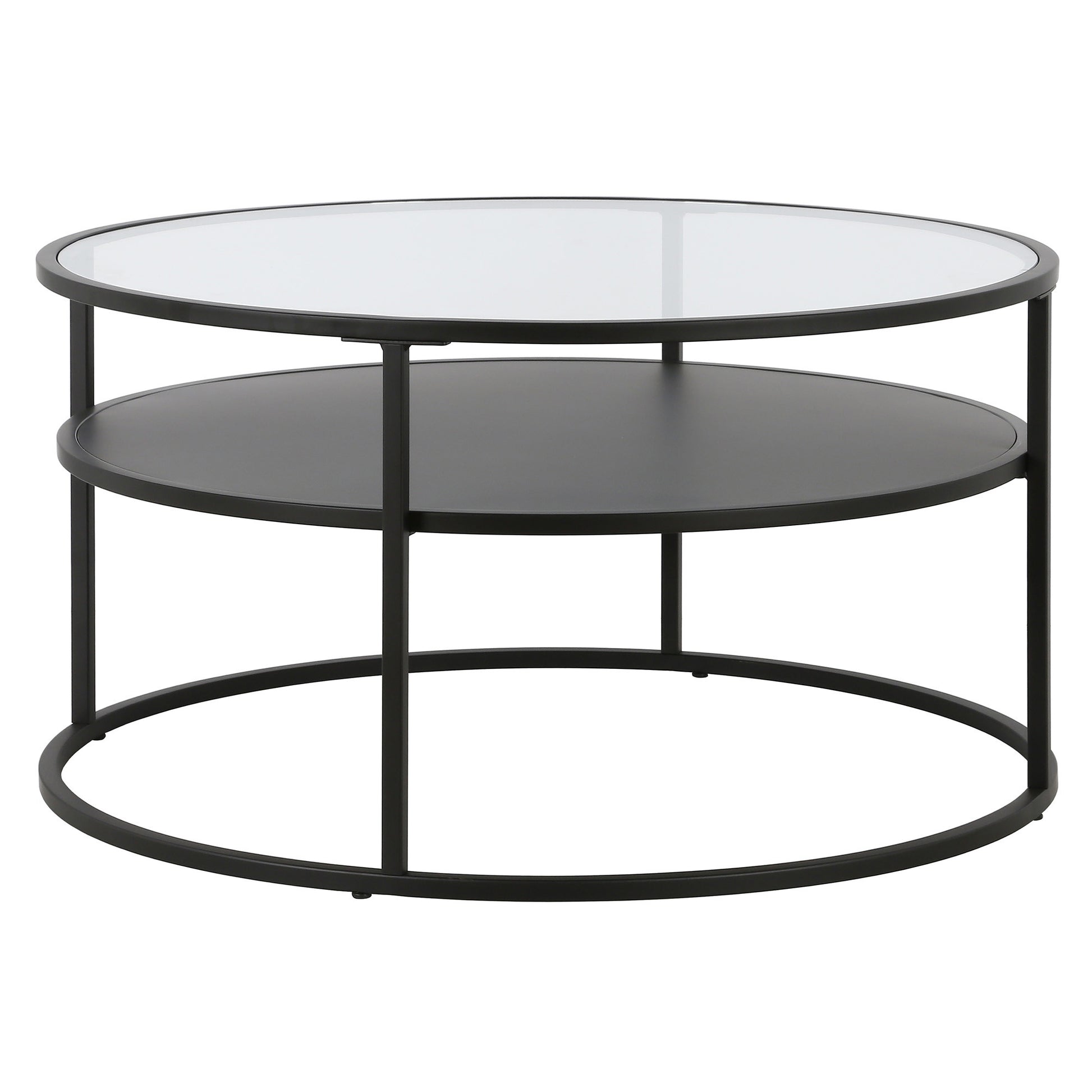 32" Black and Glass Round Two Layer Coffee Table With Shelf By Homeroots | Coffee Tables | Modishstore