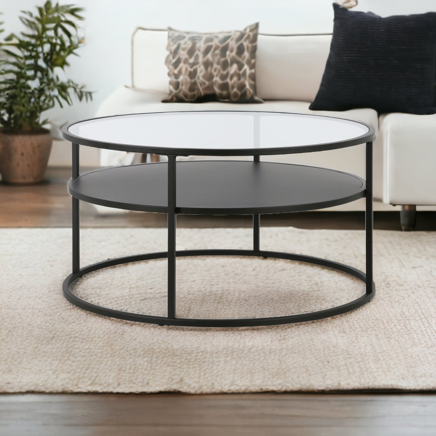 32" Black and Glass Round Two Layer Coffee Table With Shelf By Homeroots | Coffee Tables | Modishstore - 4