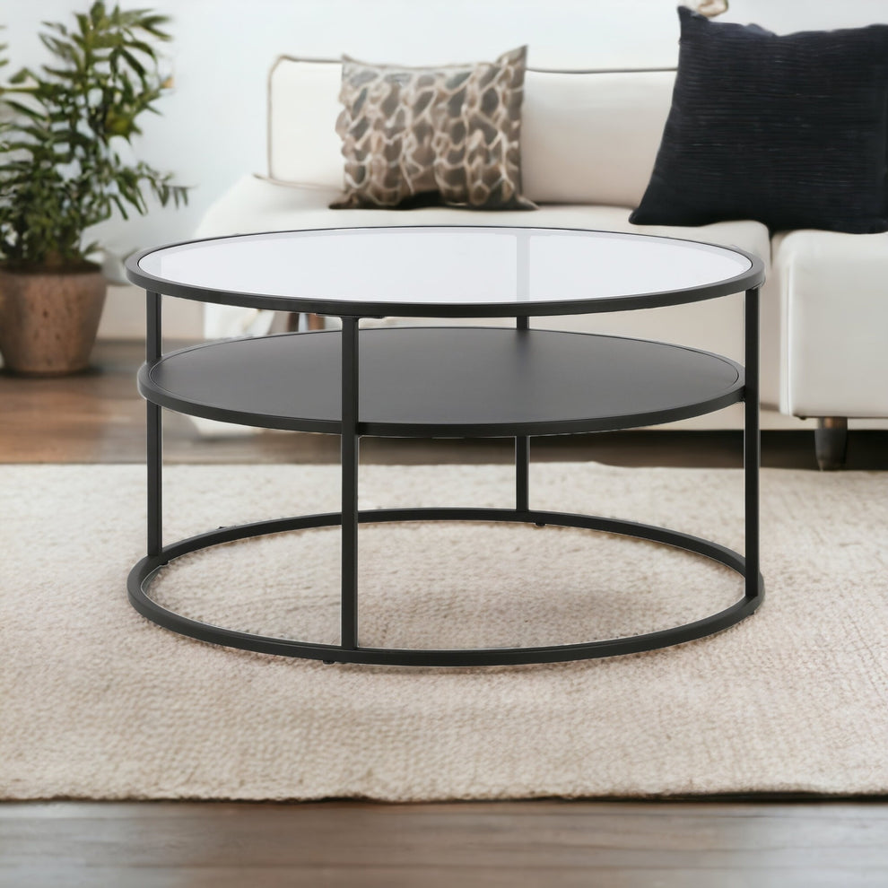 32" Black and Glass Round Two Layer Coffee Table With Shelf By Homeroots | Coffee Tables | Modishstore - 4