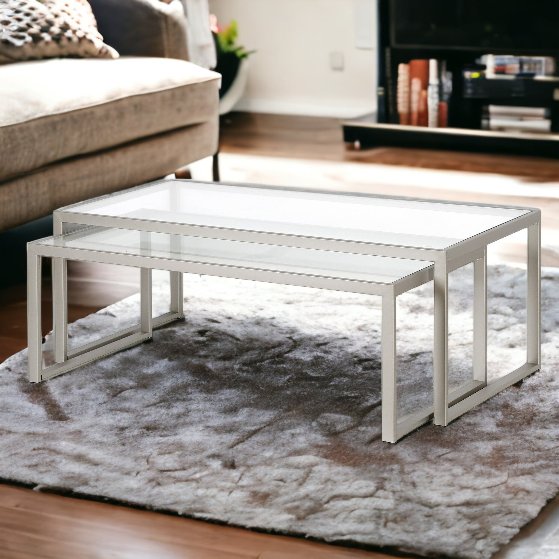 Set Of Two 46" Silver Glass Rectangular Nested Coffee Tables By Homeroots | Coffee Tables | Modishstore - 4