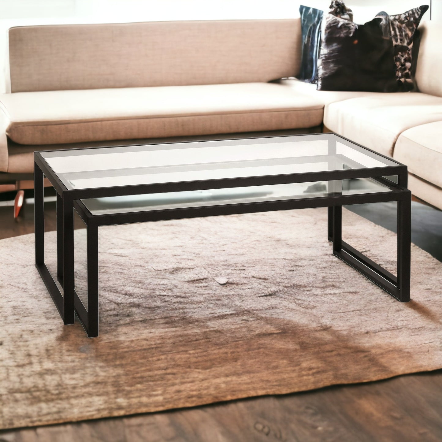 Set Of Two 46" Black Glass Rectangular Nested Coffee Tables By Homeroots | Coffee Tables | Modishstore - 5