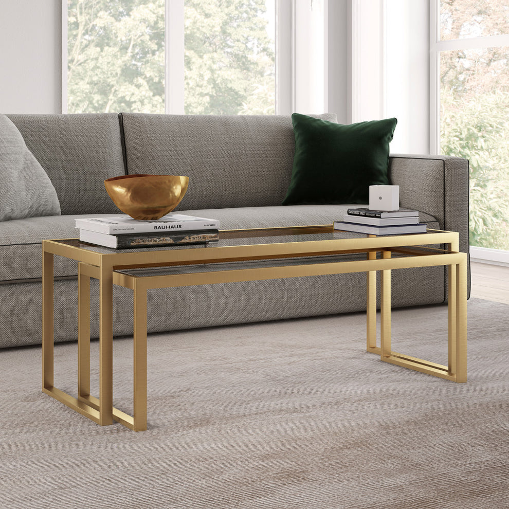 Set Of Two 46" Gold Glass Rectangular Nested Coffee Tables By Homeroots | Coffee Tables | Modishstore - 6