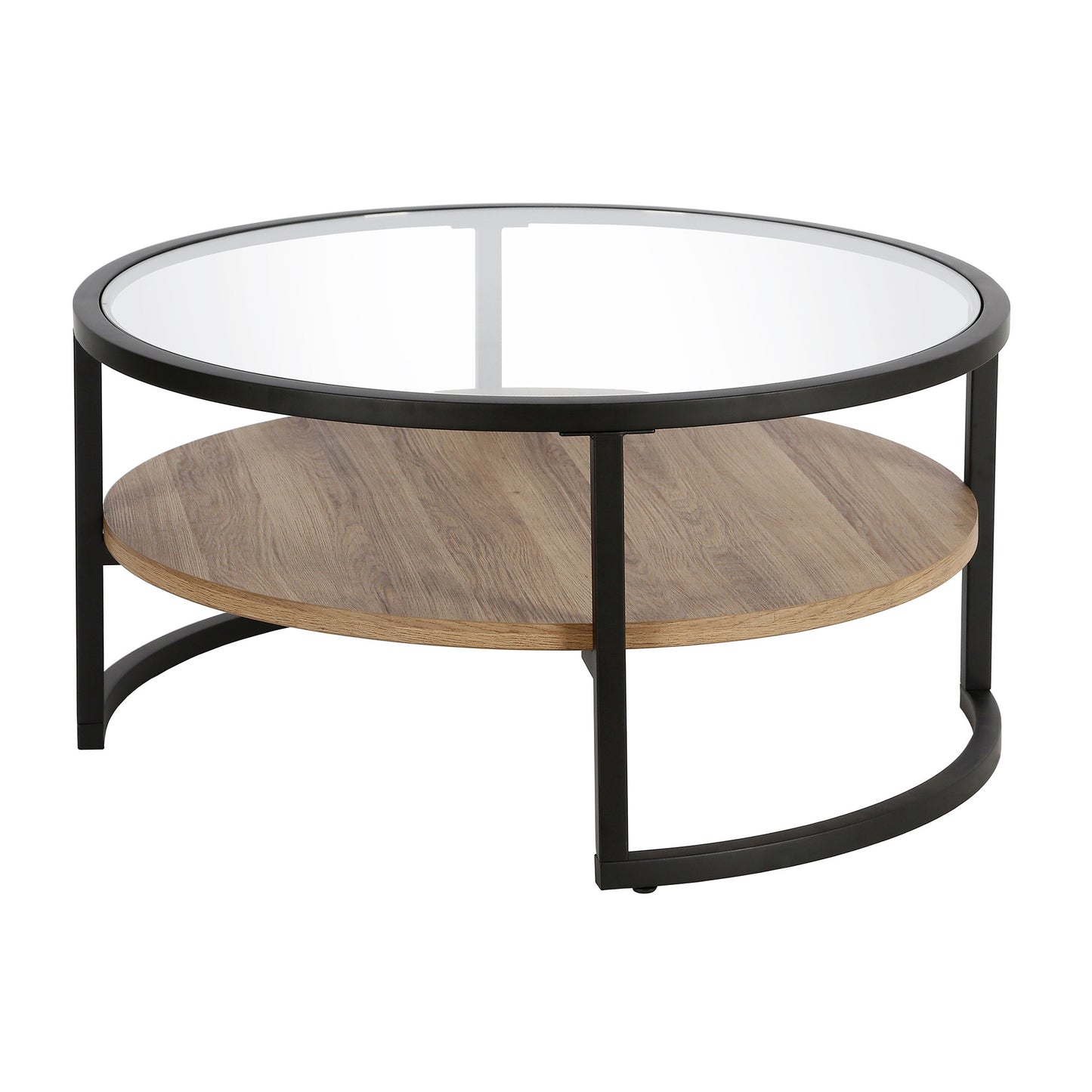 34" Black Brown and Glass Round Coffee Table With Shelf By Homeroots | Coffee Tables | Modishstore - 2