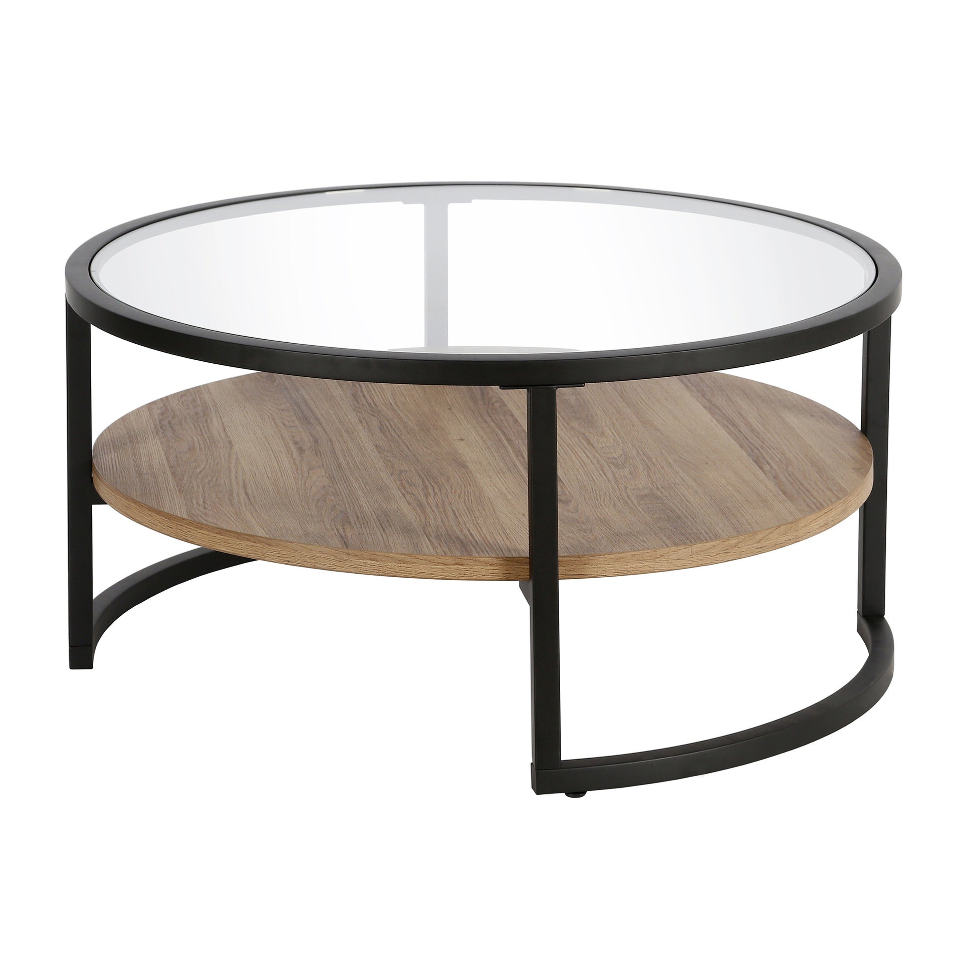 34" Black Brown and Glass Round Coffee Table With Shelf By Homeroots | Coffee Tables | Modishstore - 2