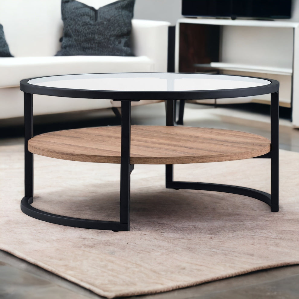 34" Black Brown and Glass Round Coffee Table With Shelf By Homeroots | Coffee Tables | Modishstore - 5