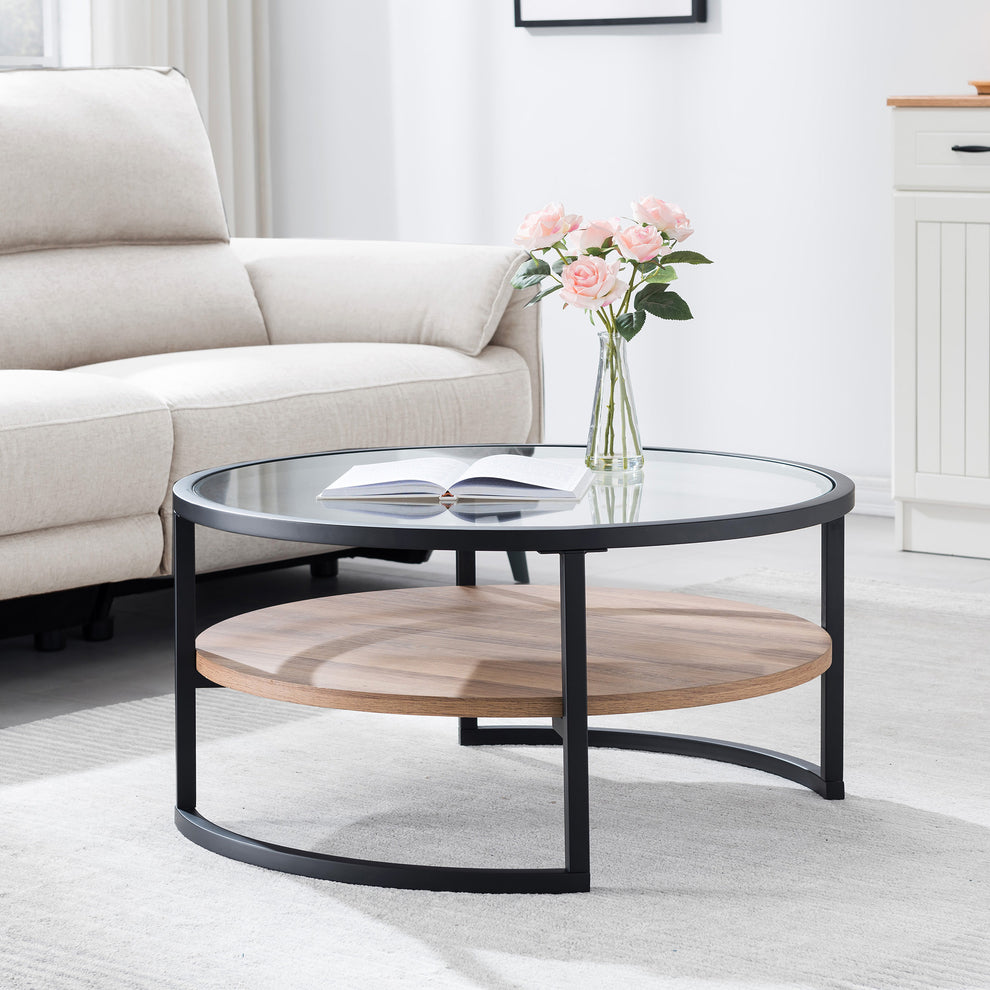 34" Black Brown and Glass Round Coffee Table With Shelf By Homeroots | Coffee Tables | Modishstore - 7