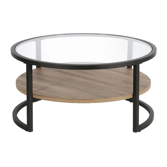 34" Black Brown and Glass Round Coffee Table With Shelf By Homeroots
