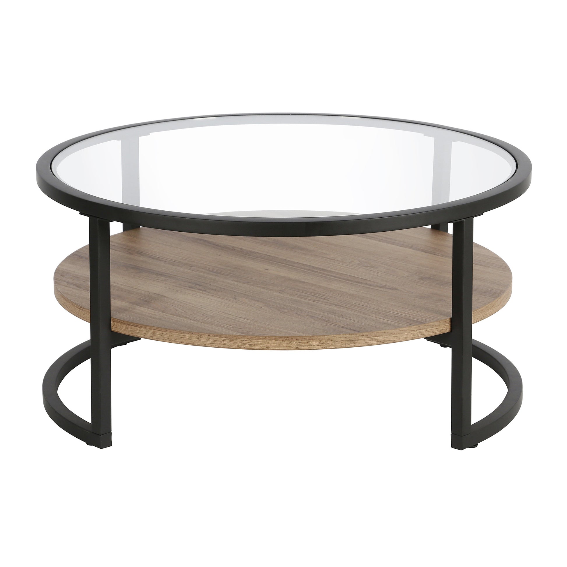 34" Black Brown and Glass Round Coffee Table With Shelf By Homeroots | Coffee Tables | Modishstore