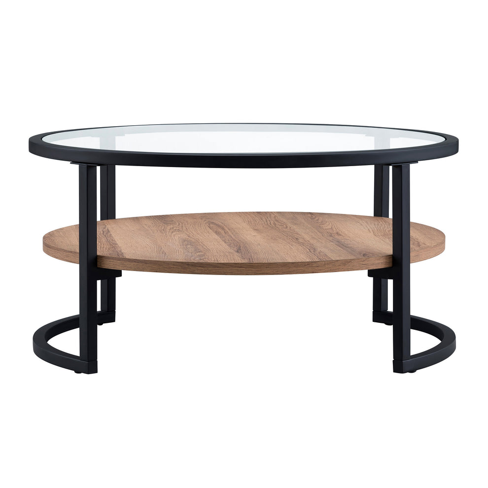 34" Black Brown and Glass Round Coffee Table With Shelf By Homeroots | Coffee Tables | Modishstore - 4