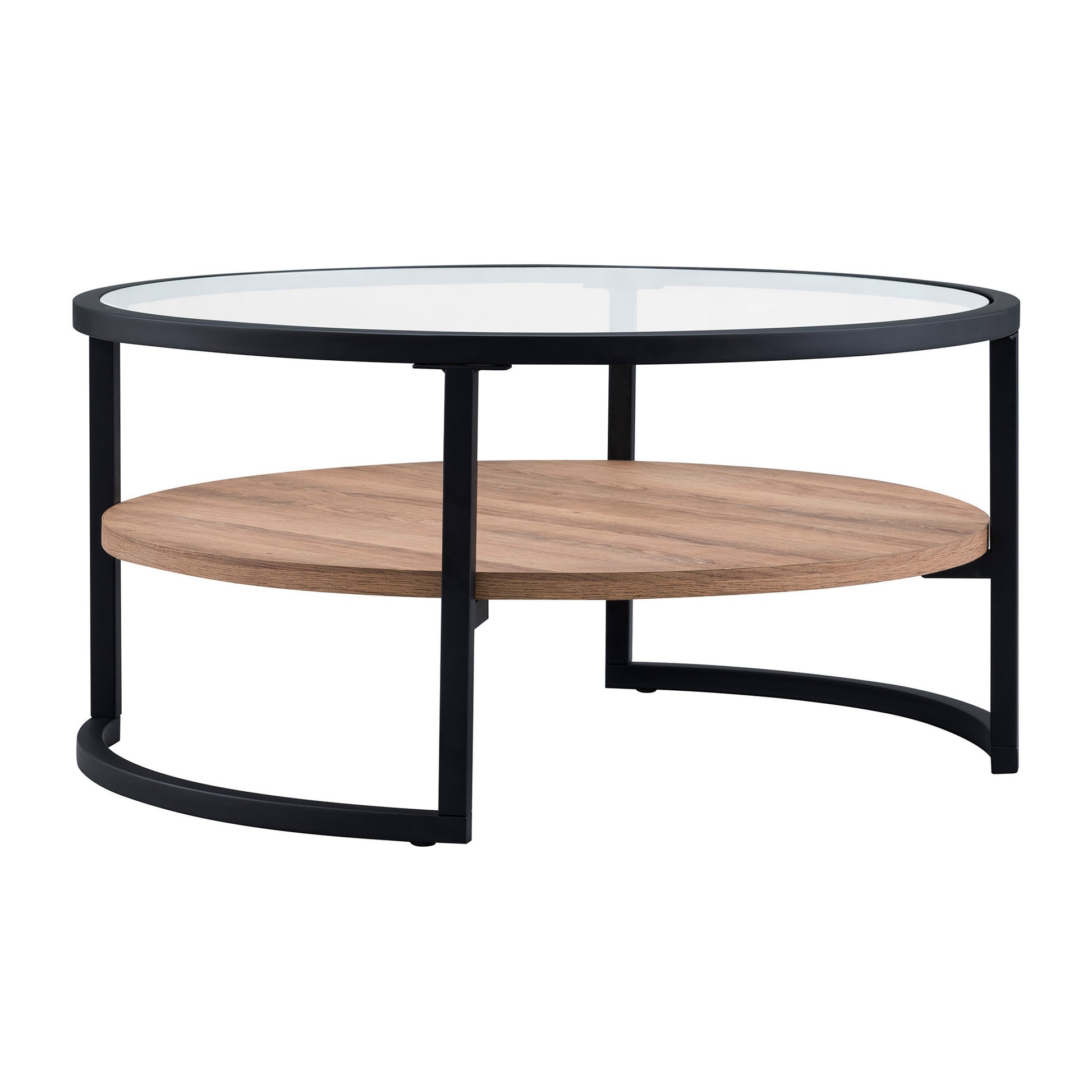34" Black Brown and Glass Round Coffee Table With Shelf By Homeroots | Coffee Tables | Modishstore - 3