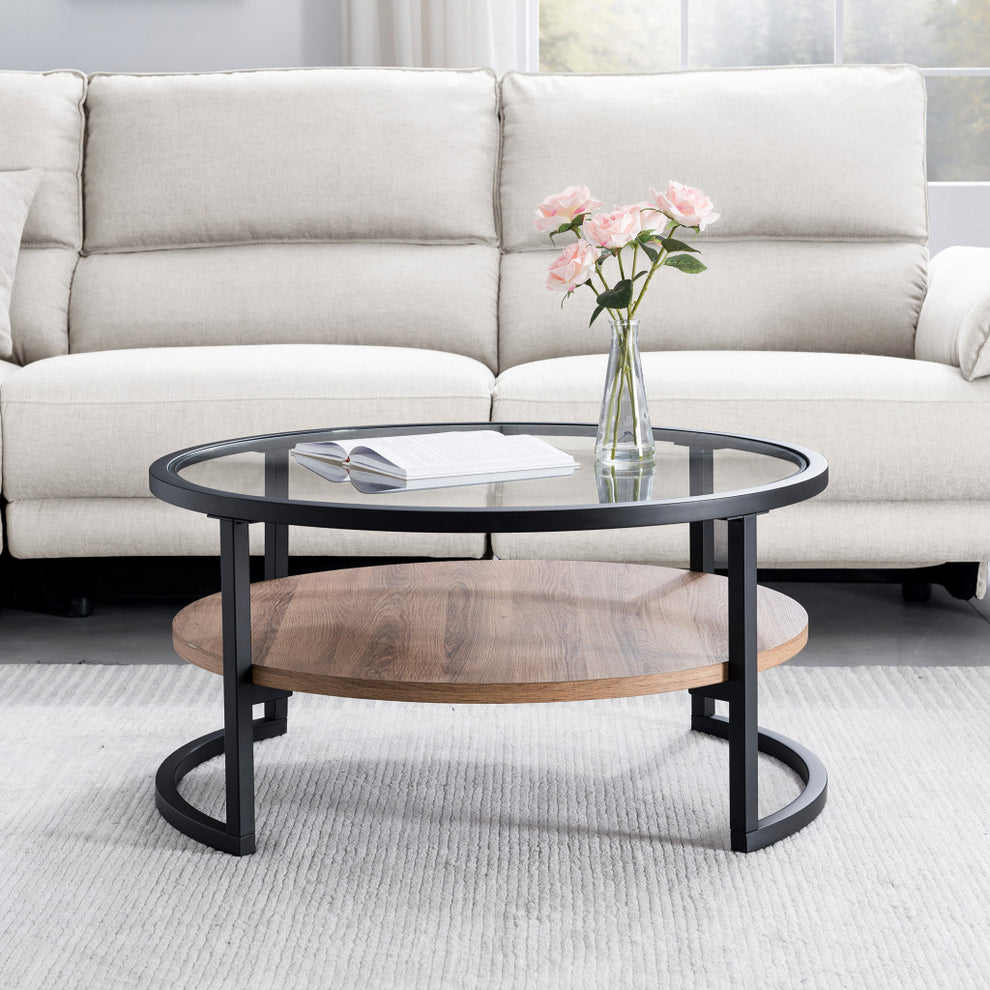 34" Black Brown and Glass Round Coffee Table With Shelf By Homeroots | Coffee Tables | Modishstore - 6