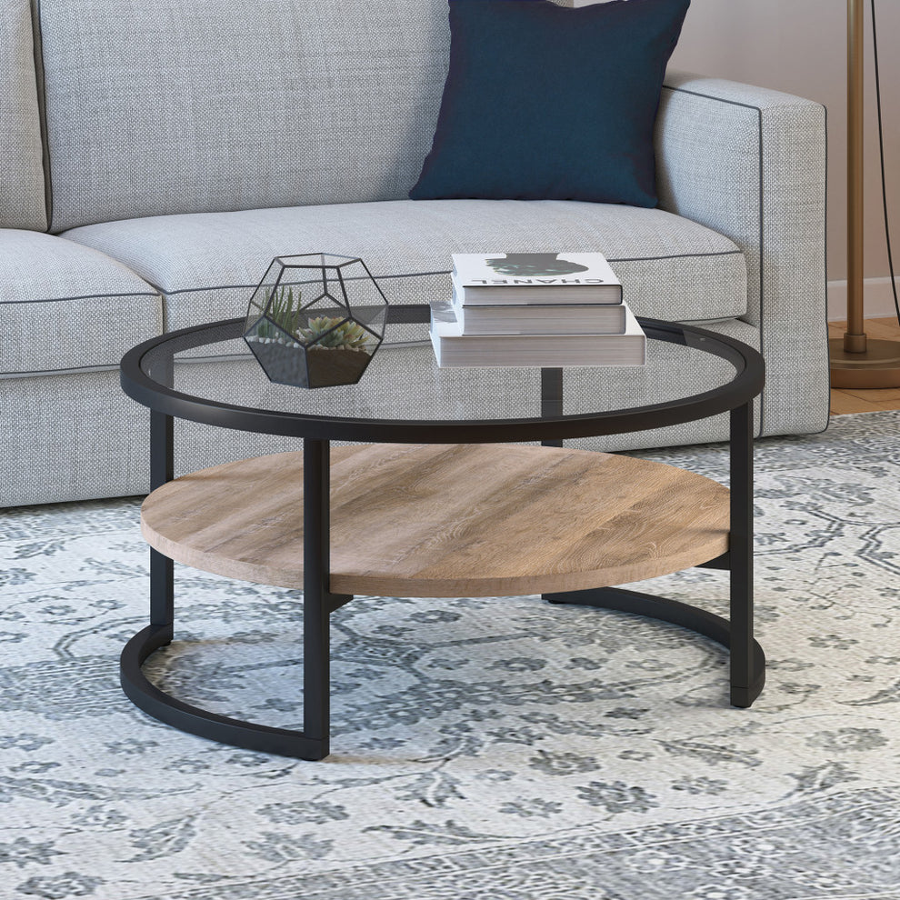 34" Black Glass Round Coffee Table With Shelf By Homeroots | Coffee Tables | Modishstore - 4