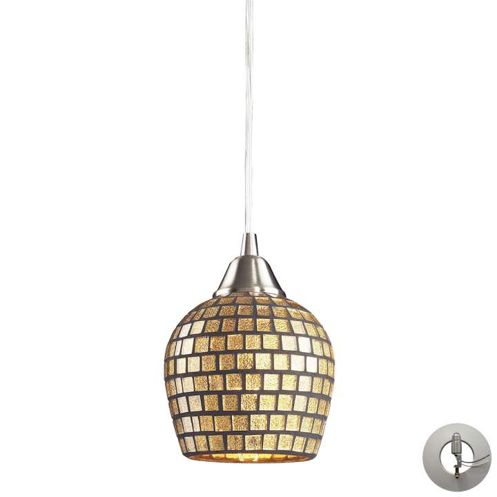 Fusion 1-Light Mini Pendant in Satin Nickel with Gold Leaf Mosaic Glass - Includes Adapter Kit | Pendant Lamps | Modishstore